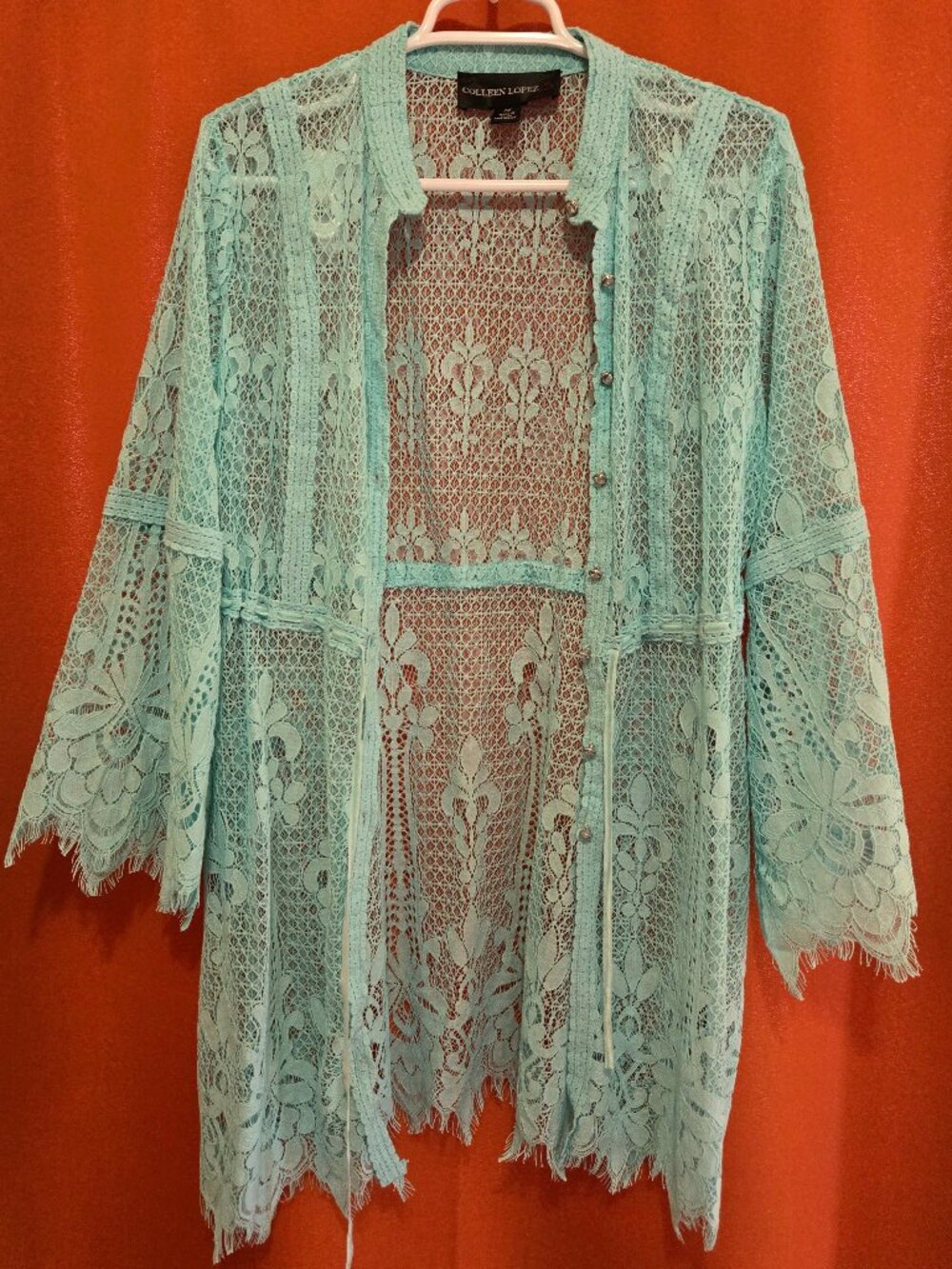 Colleen Lopez Women's Medium Light Blue Fringed Lace Button Top Cover Up